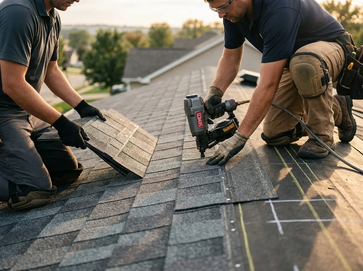 Professional roofer working on a residential roof in Hesperia